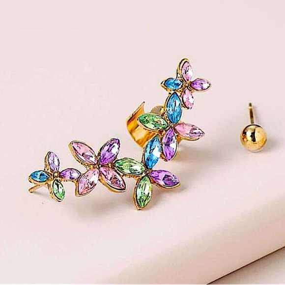 Gold Multicolor Flower Ear Cuff Climber Earring - Picture 1 of 6